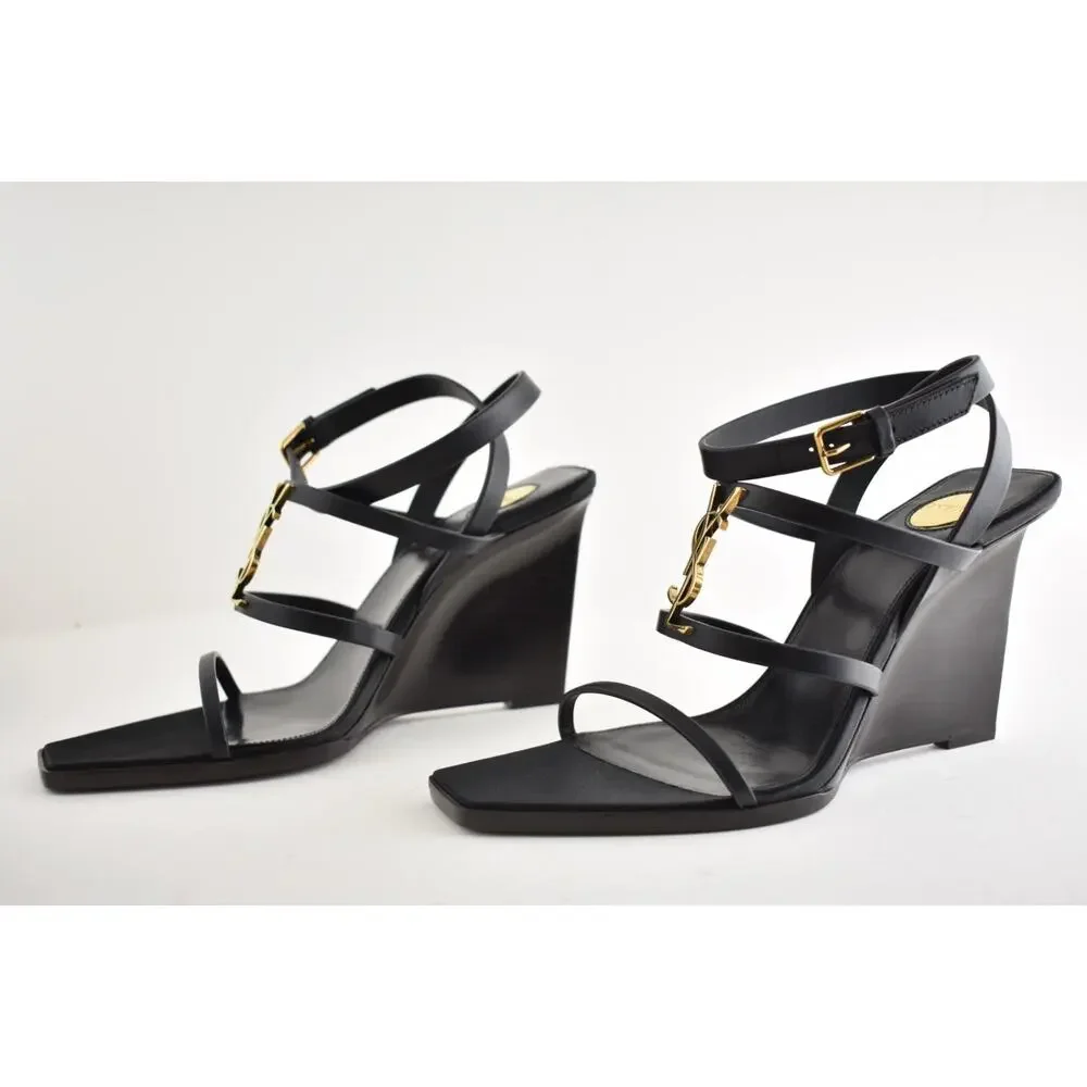 Saint Laurent YSL Logo Cassandra 90 Black Ankle Strap Wedge Sandal Heel 38.5